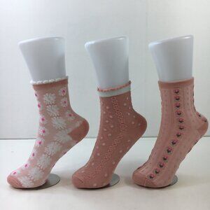 Womens Crew Socks Set 3 Floral Polka Dots Textured Pink White Scalloped Edges